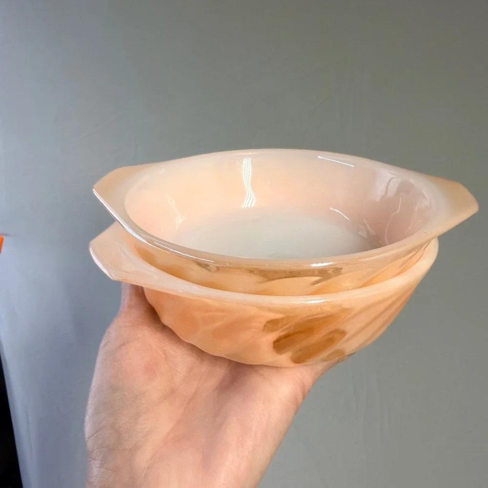 Vintage 70's Anchor Hocking Fire king, peach lusterware 2 piece casserole dishes